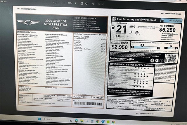 2026 Genesis GV70 3.5T SPORT PRESTIGE