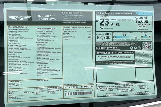 2026 Genesis G70 2.5T PRESTIGE